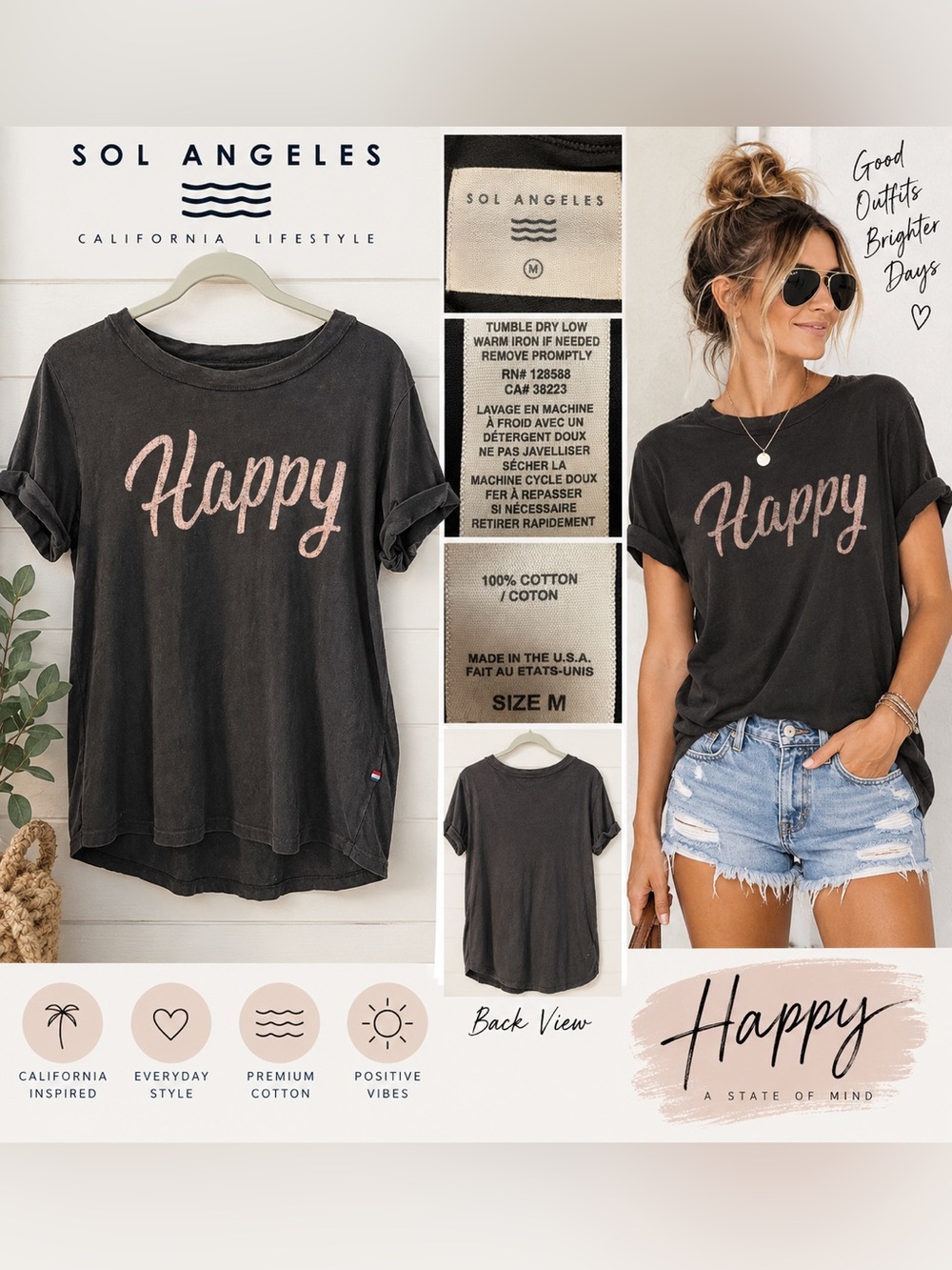 Sol Angeles Happy Graphic Tee Women's Medium Washed Black Pink Lettering